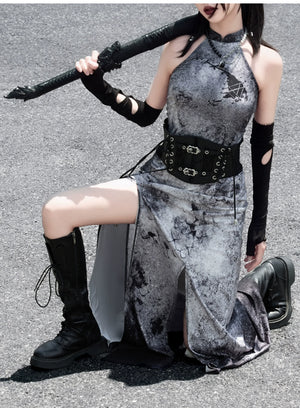 蛇魅 · Wasteland Gray Cheongsam – Split Hem, Off-Shoulder, New Chinese Style - Yandan_Hanfu