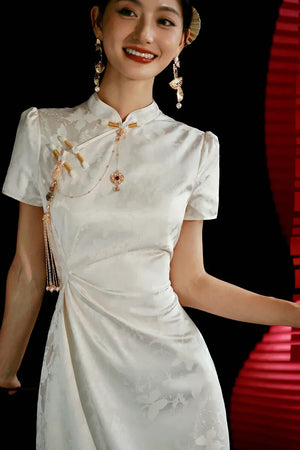 "Kite Butterfly" White Jacquard Cheongsam Bridal Toast Dress Engagement Dress - Yandan_Hanfu