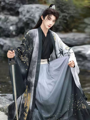 Golden Steps – Ink Bamboo & Butterfly Traditional Hanfu | Unisex Wei-Jin & Song Style Cross-Collar Wide-Sleeve Set - Yandan_Hanfu