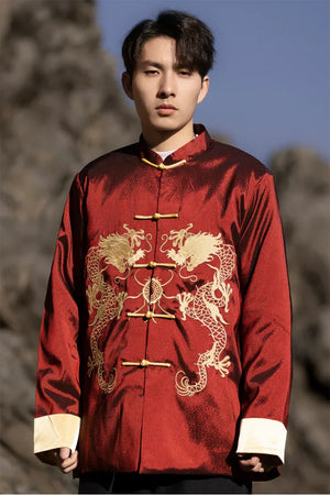Chinese style dragon pattern embroidery retro Tang suit men's buckle winter cotton-padded jacket - Yandan_Hanfu