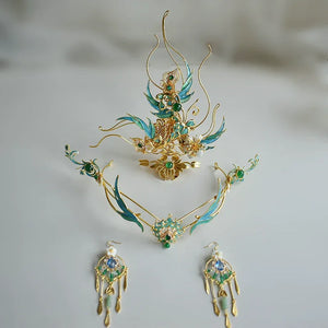 Song of the Peacock Plume – Gold-Plated Hanfu Headdress Set with Tassels & Crown Ornament - Yandan_Hanfu