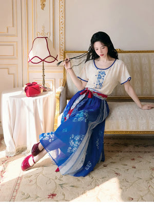 Moonlit Blossoms – Tang Dynasty Inspired Summer Hanfu with Embroidered Round Collar Top & Flowing Skirt - Yandan_Hanfu