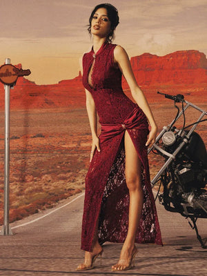 【Rebellious】 Red dress new Chinese cheongsam lace dress waist split stand-up collar Spice girl dress - Yandan_Hanfu