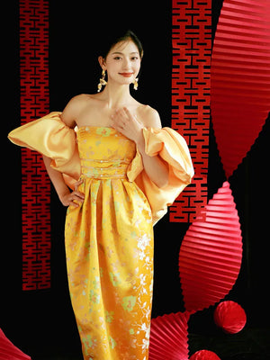 "Yunjing" yellow jacquard pregnant woman cheongsam bride toast dress - Yandan_Hanfu