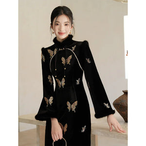 Black & Gold Velvet Cheongsam – Modern Chinese Winter Dress with Butterfly Bead Embroidery - Yandan_Hanfu