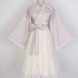 Pink Modern Hanfu Dress with embroidered top and lace skirt, styled for spring with traditional Chinese fashion elements.