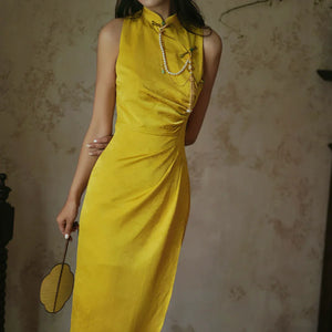 "Autumn Rhyme" Yellow Dark Pattern Cheongsam Shawl Bridal Wedding Dress Toast Dress - Yandan_Hanfu