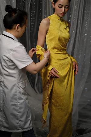 "Autumn Rhyme" Yellow Dark Pattern Cheongsam Shawl Bridal Wedding Dress Toast Dress - Yandan_Hanfu