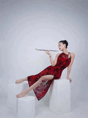 Burgundy Vintage Flocked Velvet Cheongsam – Modern Dance-Inspired Qipao Dress - Yandan_Hanfu