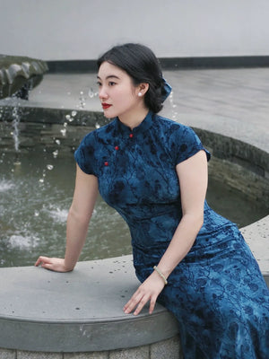 Plus Size Navy Blue Qipao Dress – New Chinese Style Short-Sleeve Cheongsam for Daily Wear, Flattering & Elegant - Yandan_Hanfu