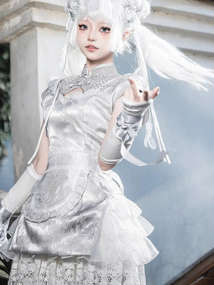 New Chinese style white Dress Cheongsam Maid Apron Short Dress Lolita - Yandan_Hanfu