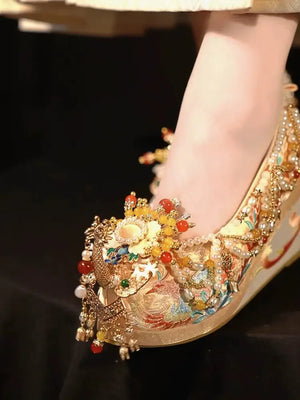 Champagne Golden Bride Chinese Wedding Shoes - Yandan_Hanfu