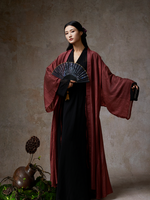 Elegant wine red sheer tencel cardigan for classical dance performance, model holding black decorative fan