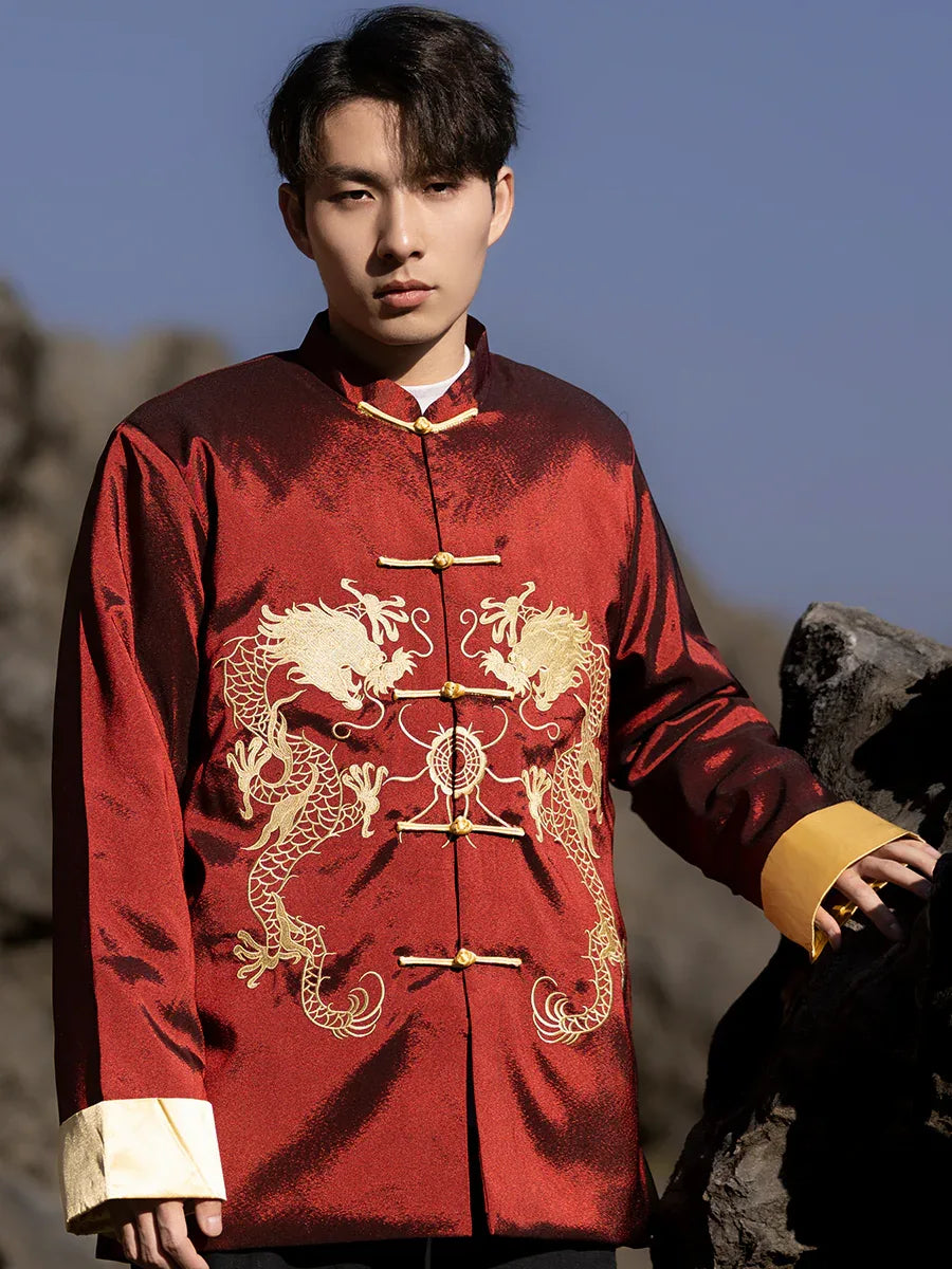 Chinese style dragon pattern embroidery retro Tang suit men's buckle winter cotton-padded jacket - Yandan_Hanfu