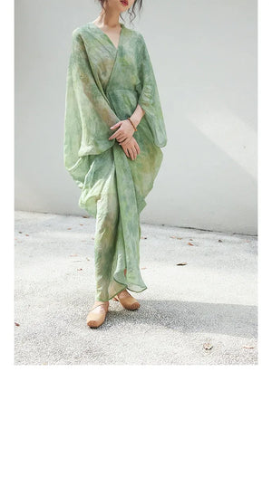 100% Ramie Modern Chinese Dress – Green Tie-Dye Print with Loose Silhouette & Camisole Layer - Yandan_Hanfu