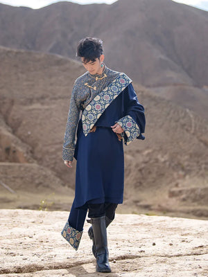 Blue Tibetan Men's Robe – Traditional Winter Coat with Ethnic Style and Modern Elegance - Yandan_Hanfu