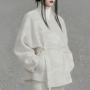Hydrangea Ivory – Wool Cross-Collar Jacket & Straight Skirt Set | Soft Elegant New Chinese Style Outfit - Yandan_Hanfu