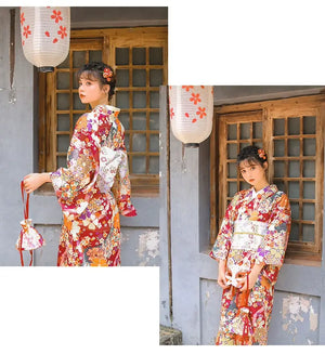 Dark red Japanese retro improved kimono Japanese yukata, fireworks kimono dress