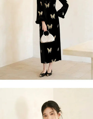 Black & Gold Velvet Cheongsam – Modern Chinese Winter Dress with Butterfly Bead Embroidery - Yandan_Hanfu