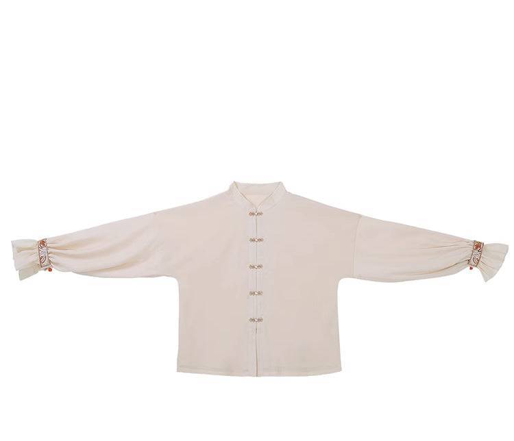 Plain cream blouse with button details and flared cuffs, part of the Maple Leaf Hanfu Women's Skirt Set.