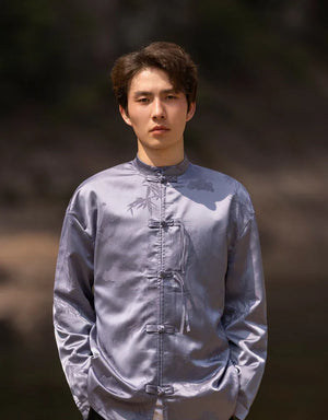 Bamboo leaf print disc buckle Tang suit men's retro Chinese style shirt - Yandan_Hanfu