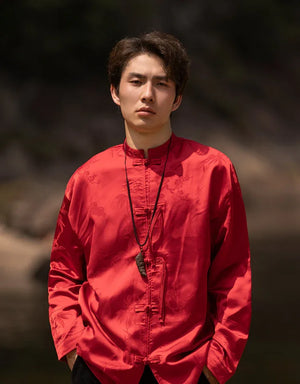 Bamboo leaf print disc buckle Tang suit men's retro Chinese style shirt - Yandan_Hanfu