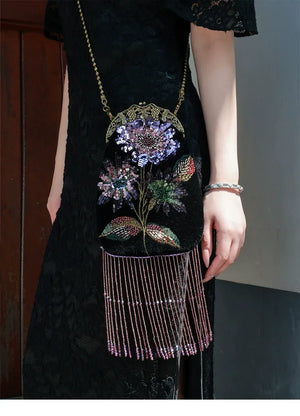 Embroidered Butterflies Black Bag | Canvas Crossbody with Beaded Chain - Yandan_Hanfu