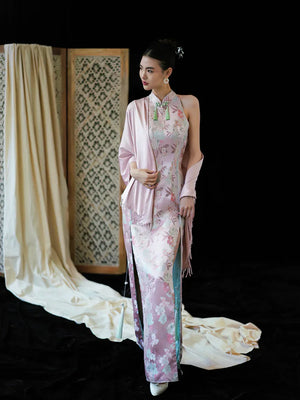 "Pink Bell" Pink Jacquard Bell Cheongsam/Qipao Shawl Bridal Dress - Yandan_Hanfu
