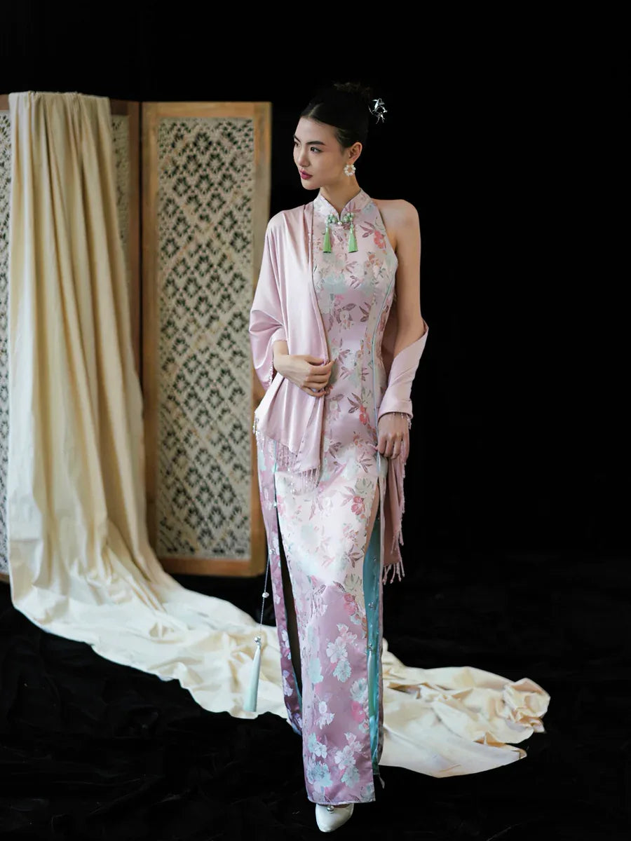 "Pink Bell" Pink Jacquard Bell Cheongsam/Qipao Shawl Bridal Dress - Yandan_Hanfu