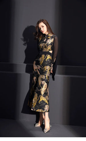 Ukiyo-e painted tiger pattern jacquard soft satin, retro split-ended cheongsam - Yandan_Hanfu