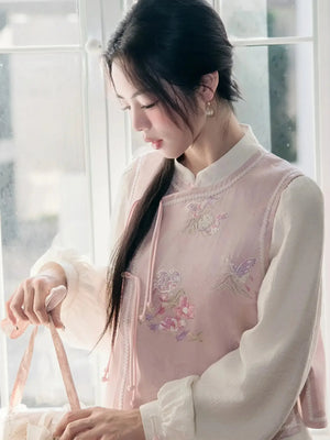 Silken Grace – Modern Hanfu Jacquard Dress Set | Stand-Collar Two-Piece Hanfu-Inspired Outfit with Midi Skirt - Yandan_Hanfu