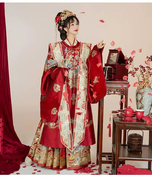 Cloud Hidden Moon Embroidery-Gilt Ming-Dynasty Flower Crew Neck Robe Wedding Clothing Hanfu Women's Spring - Yandan_Hanfu