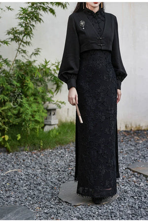 Silent Fragrance – Velvet Beaded Sleeveless Floor-Length Qipao with New Chinese Style Blazer - Yandan_Hanfu