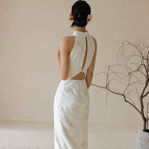 "Qianzhi" white embroidered shawl showing thin backless cheongsam bride wedding dress toast engagement - Yandan_Hanfu