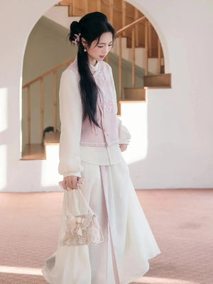 Silken Grace – Modern Hanfu Jacquard Dress Set | Stand-Collar Two-Piece Hanfu-Inspired Outfit with Midi Skirt - Yandan_Hanfu