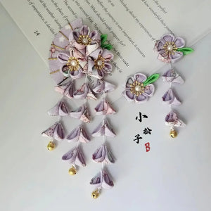 Kimono Accessories Set Fan Flower Japanese Cute Hairpin Five-petal Flower Tassel Bath Suit Drop Curtain Hairpin Blue Pink - Yandan_Hanfu