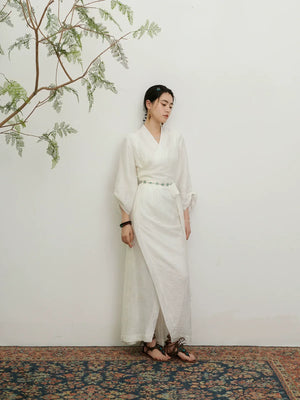 Realm of White – Yunshang Dress | Tibetan-Inspired New Chinese Style V-Neck White Gown - Yandan_Hanfu
