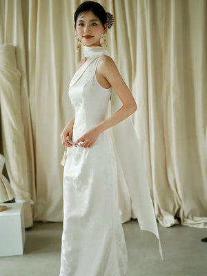 "Pianrou" White Jacquard Ribbon Morning Gown Knot Bridal Toast Dress Engagement Banquet Bar Mitzvah - Yandan_Hanfu