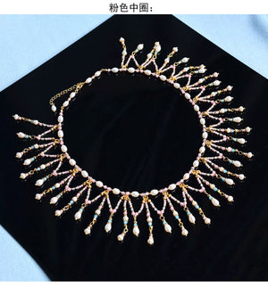 Butterfly Shell & Aquamarine Pearl Necklace – Hanfu Yingluo Accessory with Original Design - Yandan_Hanfu