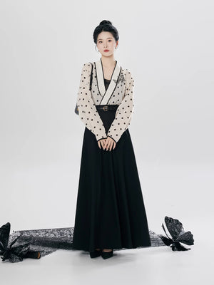 Modern Song style hanfu separates with cream airplane sleeve top and black camisole