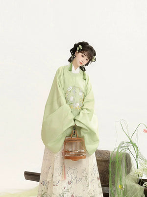 “Moonlit Blossom” Ming-Style Hanfu for Women – Embroidered Round-Collar Top & Mamian Skirt, Autumn/Winter - Yandan_Hanfu