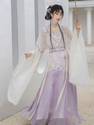 Iris Elegance – Violet Embroidered Hanfu Set with Flowing Nine-Panel Skirt | Wei-Jin Inspired - Yandan_Hanfu