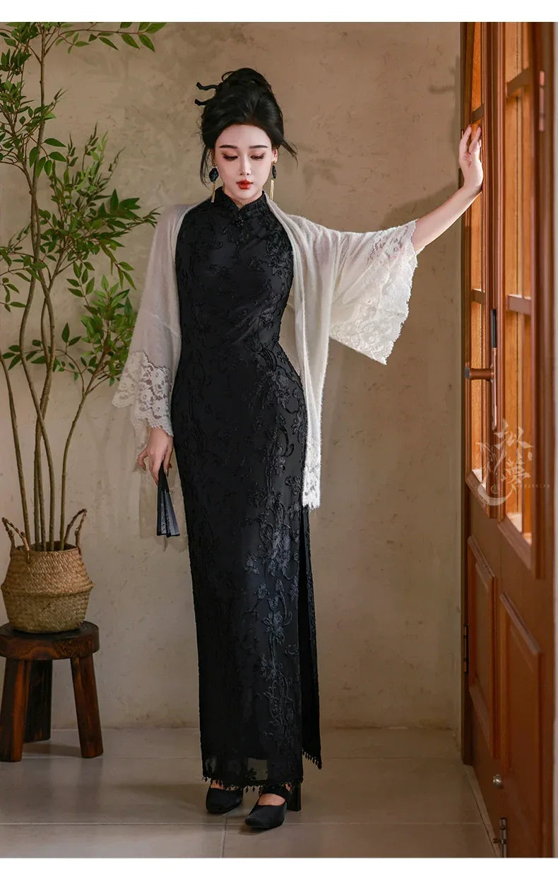 Silent Fragrance – Velvet Beaded Sleeveless Floor-Length Qipao with New Chinese Style Blazer - Yandan_Hanfu