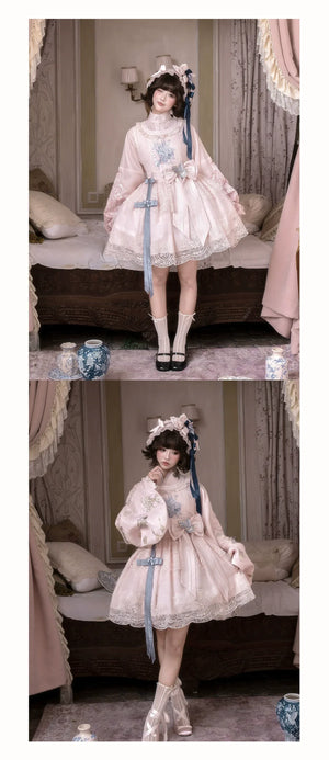 East-Meets-West Pink Two-Piece Set | Romance Embroidered Hanfu Blouse & Over Skirt - Yandan_Hanfu