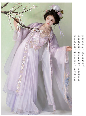 Purple Hanfu women's Song Dynasty embroidered big-sleeved shirt paired with traditional poetry and floral decor.