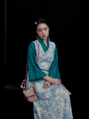 Ink-Dye V-Neck A-Line Dress – Modern Hanfu Silhouette with Tibetan-Inspired Details - Yandan_Hanfu