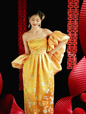 "Yunjing" yellow jacquard pregnant woman cheongsam bride toast dress - Yandan_Hanfu