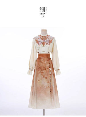 Full view of Maple Leaf Hanfu set on mannequin, featuring embroidered top and three-pleated maple leaf skirt.