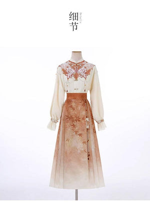 Maple Leaf Hanfu Women's New Chinese Style Daily Han Element Cloud Shoulder Top Three-pleated Skirt Set Spring - Yandan_Hanfu