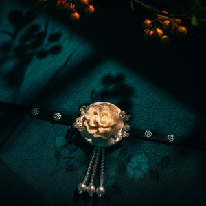 Elegant Korean traditional headgear with a cream rose centerpiece and pearl tassels, designed for hanbok and ceremonial wear.